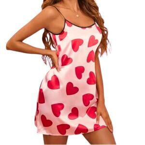 XL lingerie chemise slip nightgown pink red hearts scoop neck